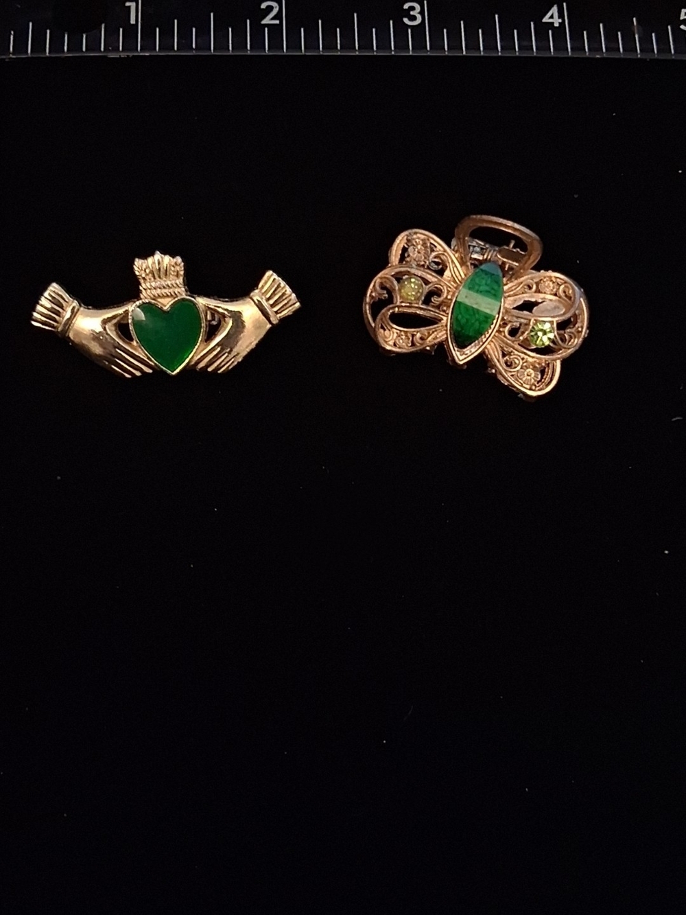 Gold-Tone Green Heart Claddagh and Butterfly Pins - Women Jewelry